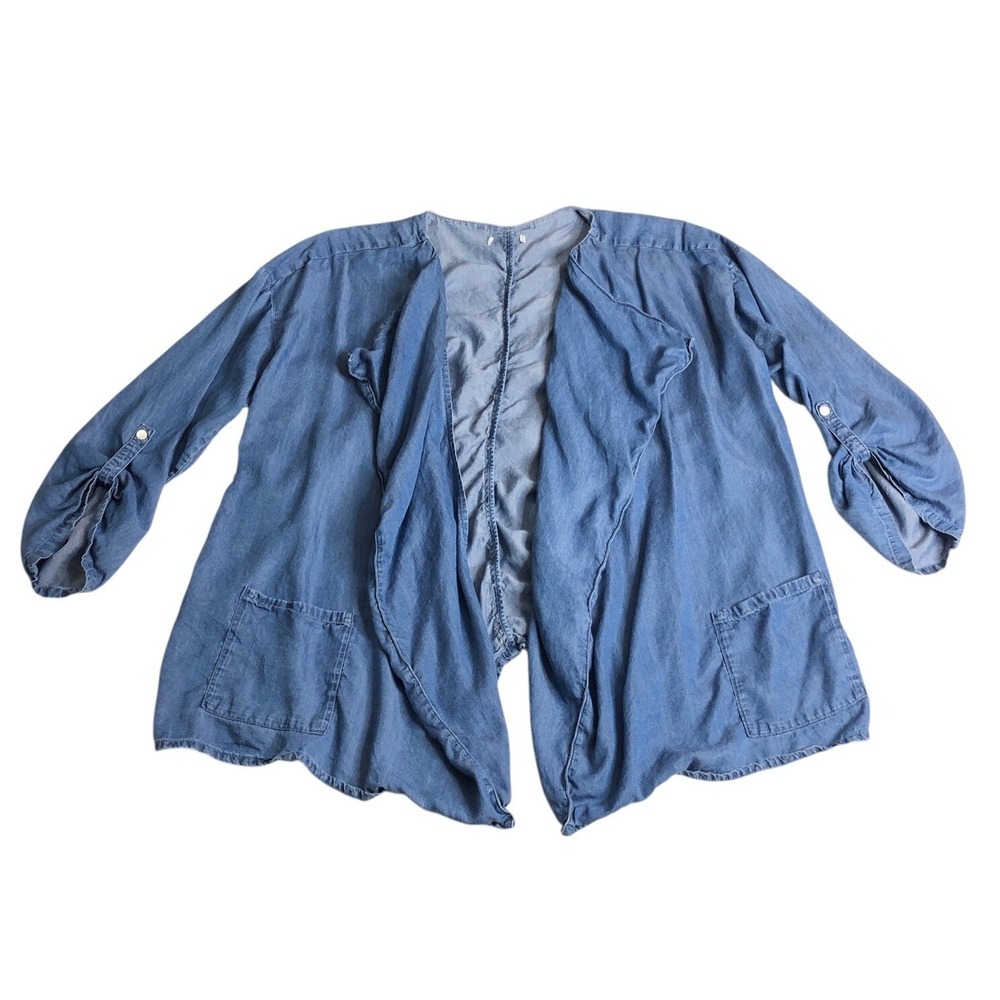 Chambray Cardigan‎ Top Womens XL Blue Lyocell Roll Tab Pockets Boho Lagenlook